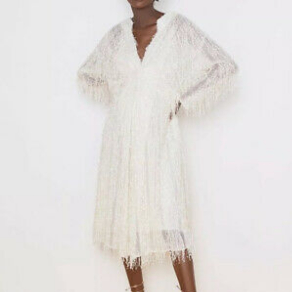 Zara cream embellished fringe midi dress